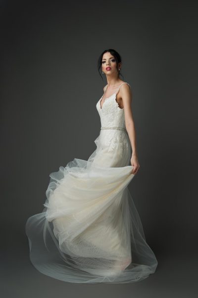 Tulle fitted A-Line wedding dress style, champagne wedding gowns, beaded straps