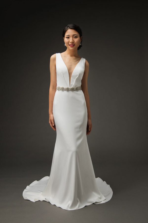 Simple classic wedding dress styles, deep v crepe wedding gowns