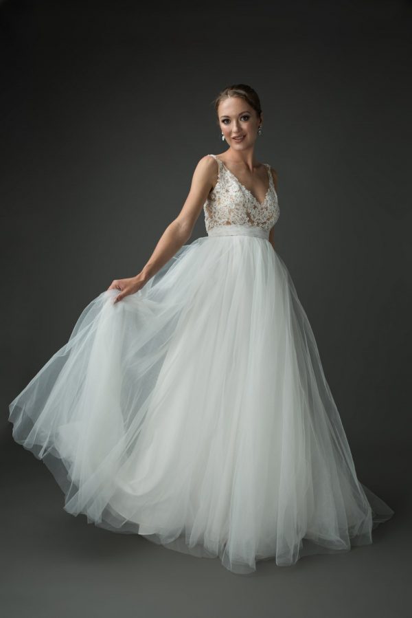 light ballgown wedding dress style, lace skinny strap bodice