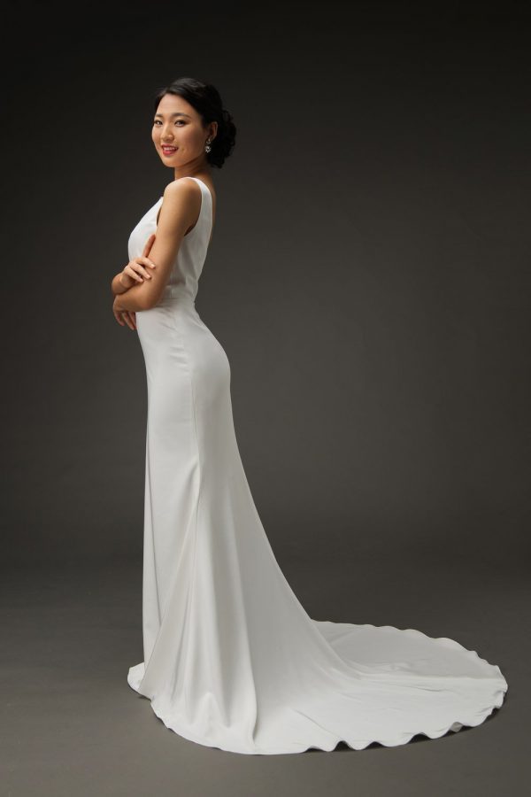 classic simple crepe wedding dress, fit flare