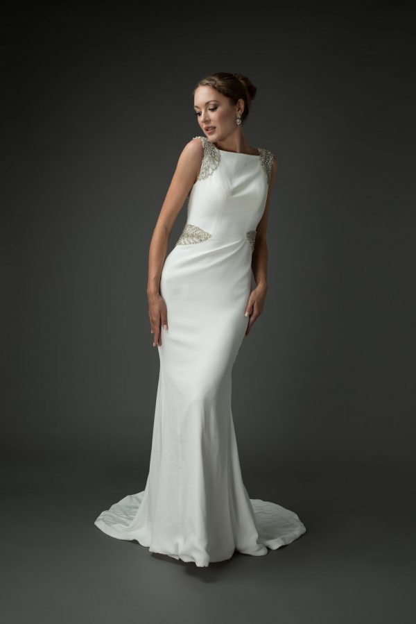 classic wedding dress, high-neck, old Hollywood glamour