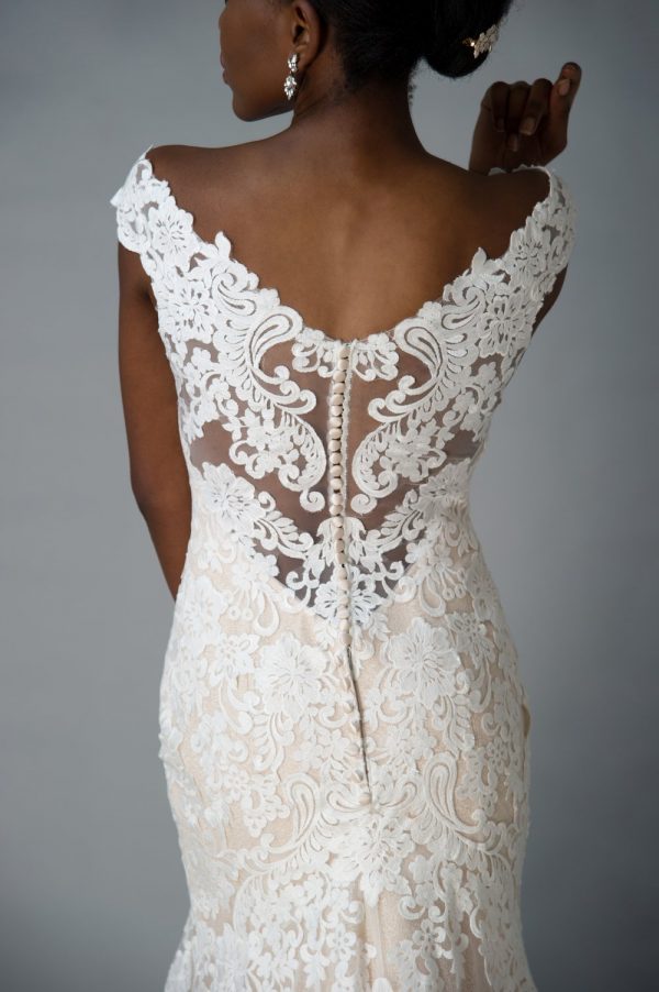 Grace + Ivory Juliette gown, lace illusion button up back details, champagne and ivory wedding dress