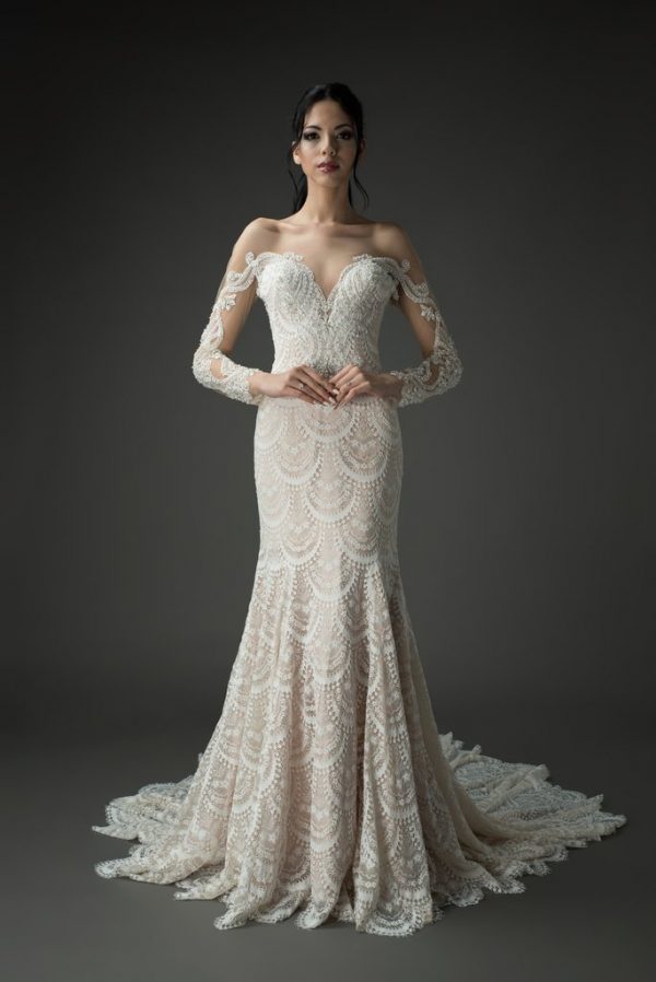 vintage lace wedding gown with mesh sleeves, beaded sparkle