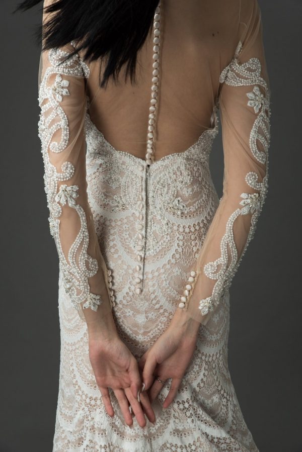 Grace + Ivory Lexi gown, vintage lace design with mesh sleeves