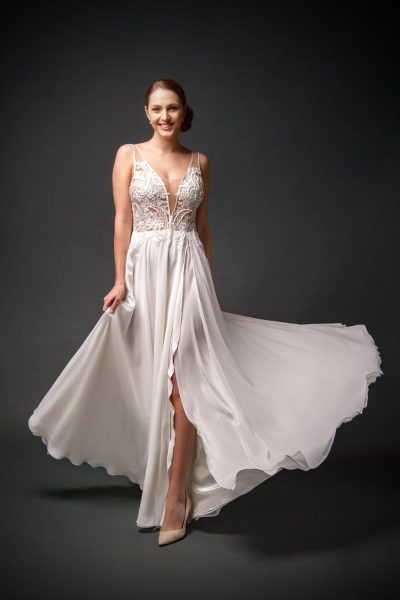 wedding dress with slit, A-line chiffon wedding gowns, beaded V