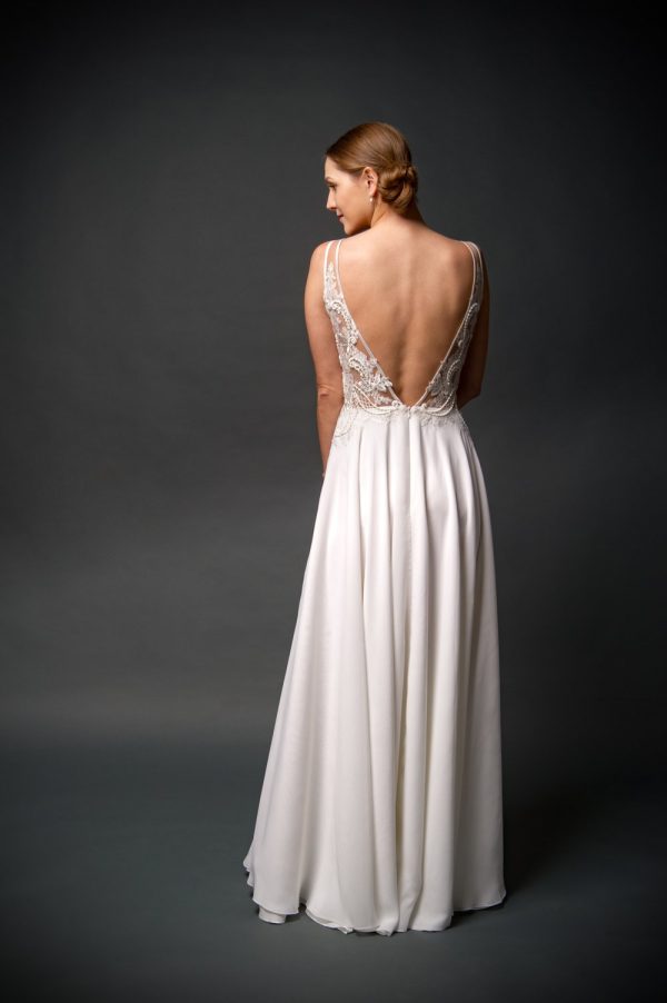 chiffon skirt wedding dress, A-line wedding gown with slit and open back