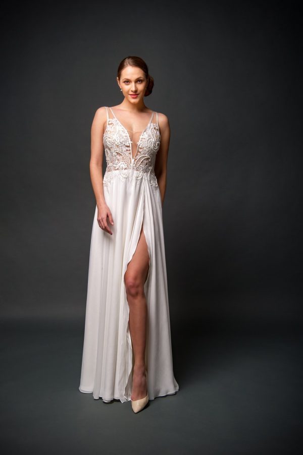 affordable wedding dress with slit, ivory chiffon skirt, beaded low v top.