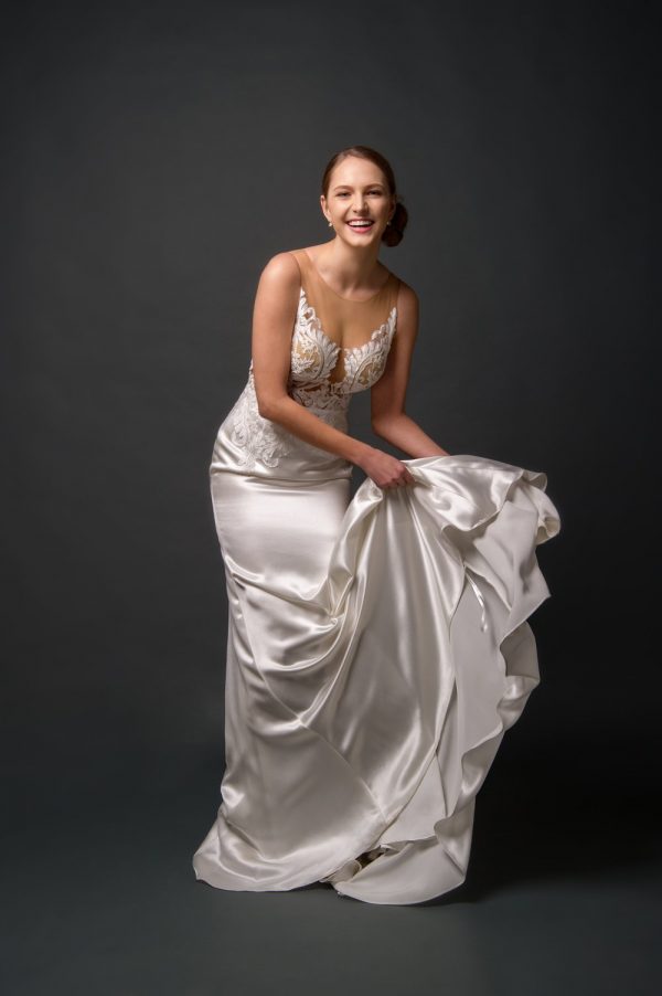 Grace + Ivory Sienna dress, silk-satin sexy wedding dress style