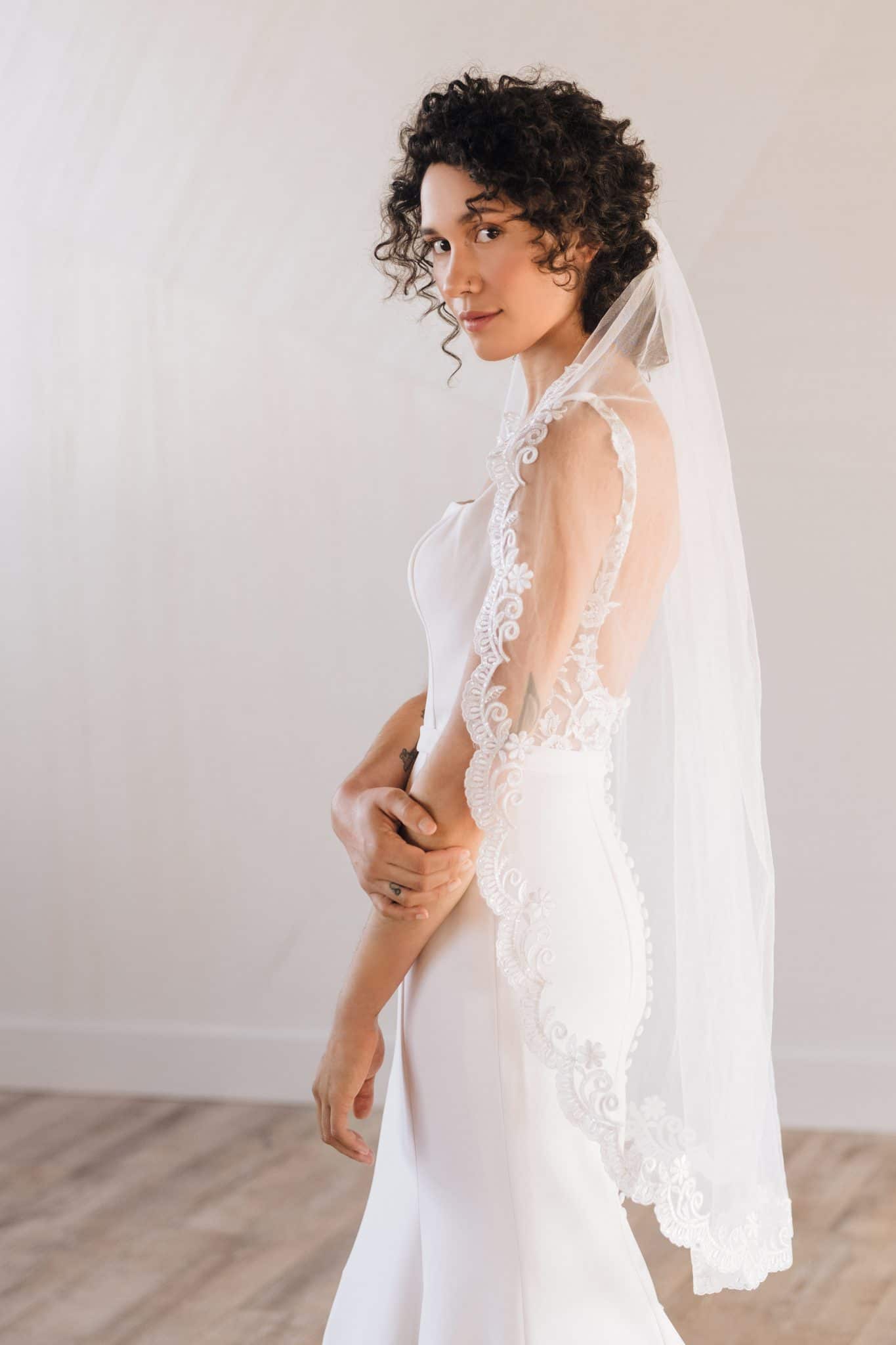 Leaf Lace Wedding veil Fingertip Length Bridal Veil in White , Ivory