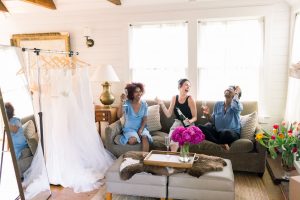 try-at-home wedding dress scene champagne toast