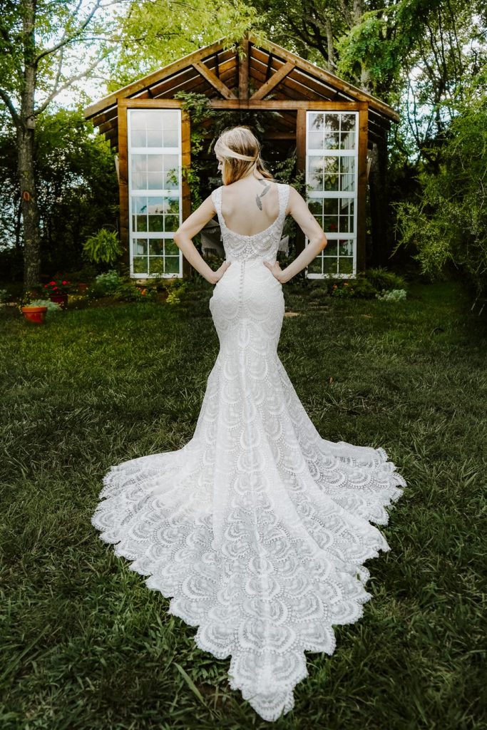 All over lace wedding gown bohemian greenhouse shoot