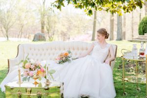 non-white wedding dress blush ballgown