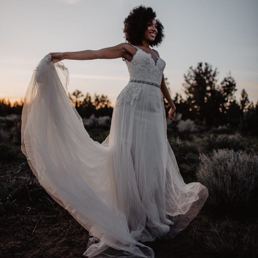 Champagne wedding dress tulle skirt beaded band