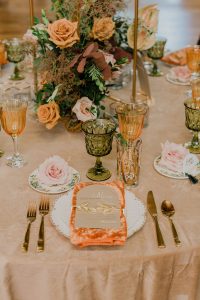 Chicago Wedding Inspiration, colorful table place setting orange blush gold