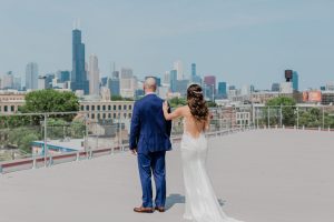 first look couple Chicago skyline wedding