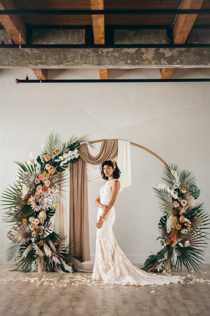 non-white wedding dress peach ivory lace