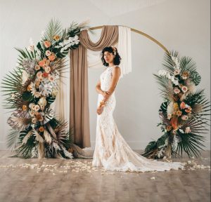 non-white wedding dress peach ivory lace