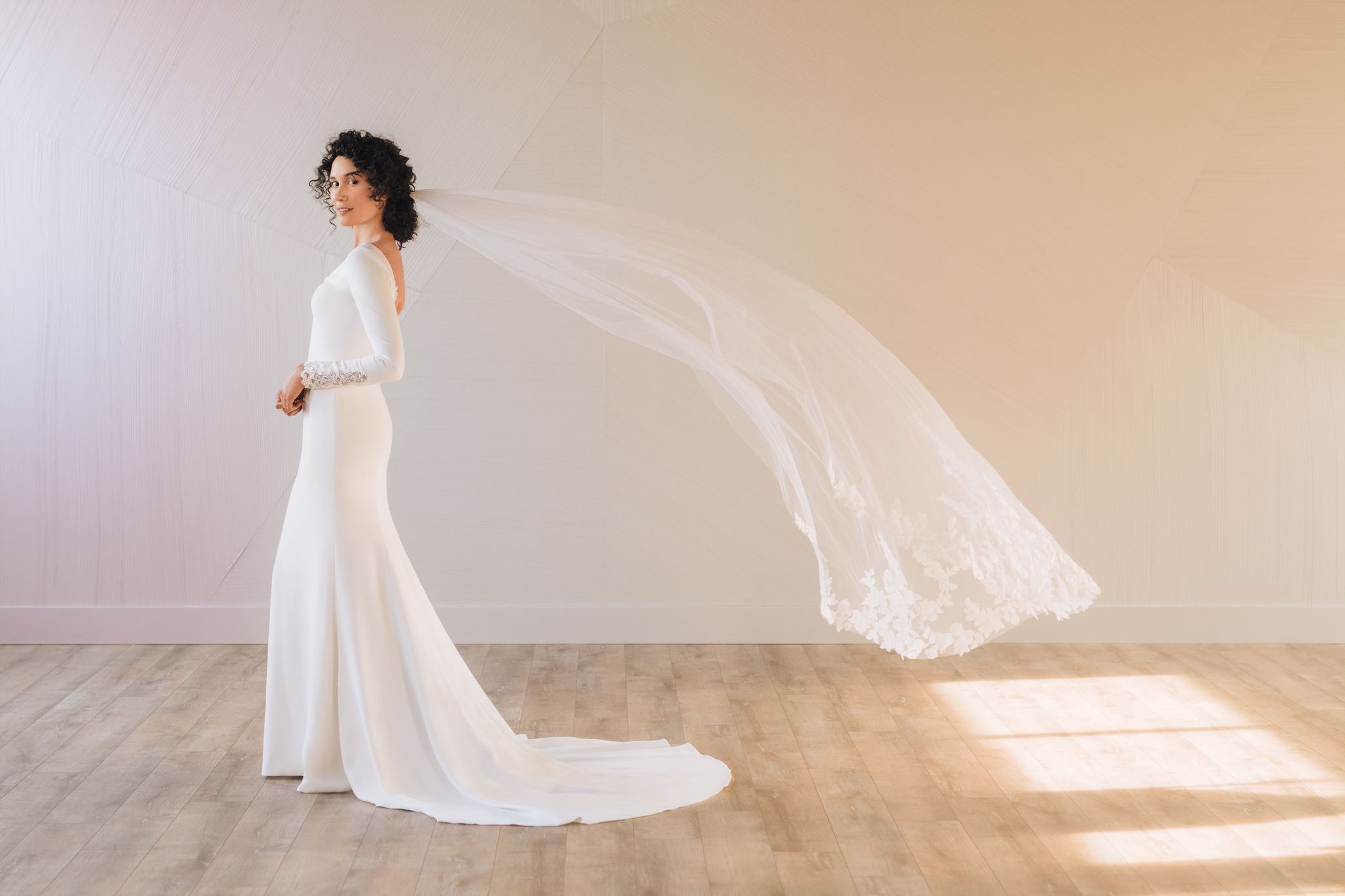 grace + Ivory's Salcia gown. Long sleeve crepe. Vintage wedding gowns.