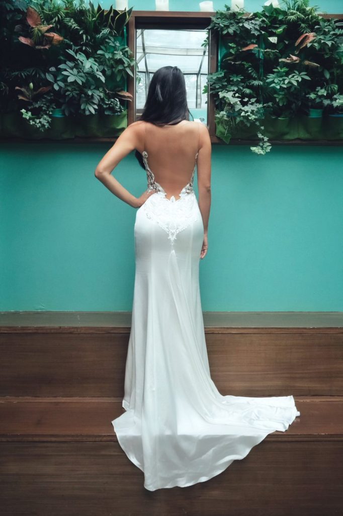 satin-silk wedding dress. mesh open back.