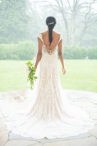 blush wedding dress fitted lace low back