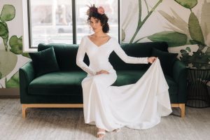 Grace + Ivory Salcia Dress, crepe white wedding dress with sleeves simple wedding gown vintage