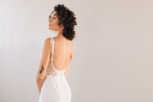 Jessie gown, crepe wedding gown low back dress buttons