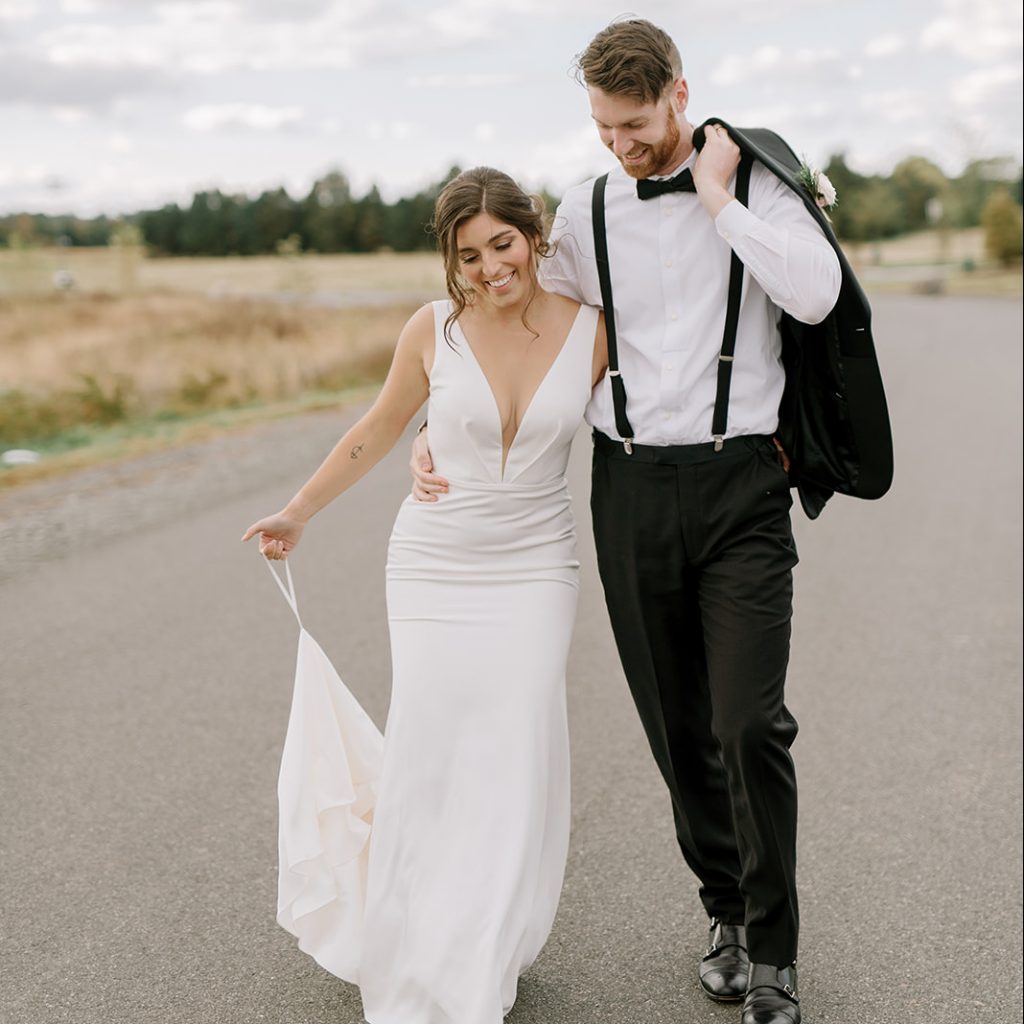 Quick Tips to help your bridal dress selection blog - couple wedding day shoot classic crepe dress black tux