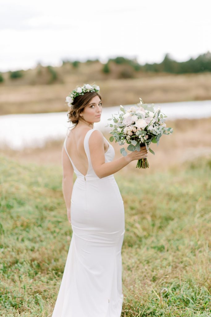 Grace + Ivory Tabitha Dress - Classic crepe wedding dress low back deep v bridal dress