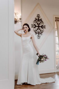 classic bridal style bride in crepe dress square neck