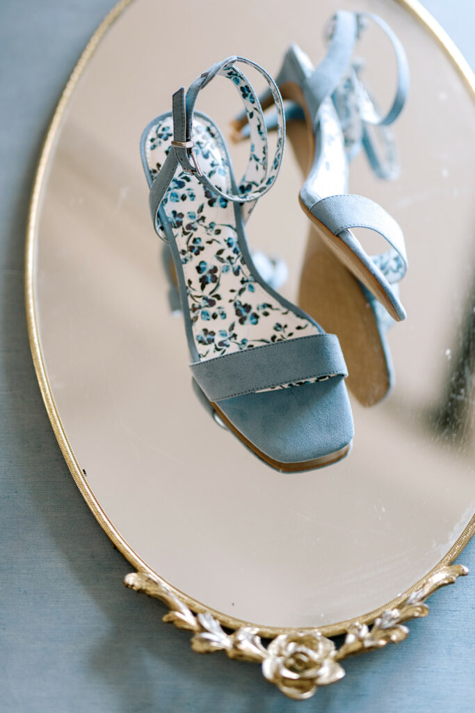 blue wedding shoes gold mirror tea party wedding inspiration details