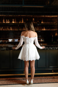 wedding reception dress short lace mini dress sleeve off the shoulder basque waist