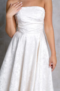 midi tea length wedding reception dress circle skirt brocade fabric strapless