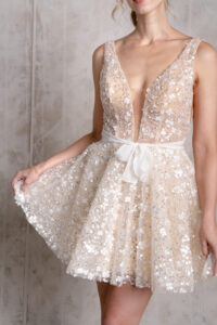sparkly beaded wedding reception dress sexy low neckline poofy skirt