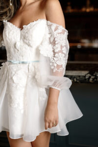 tulle off the shoulder sleeve 3d lace bridal mini