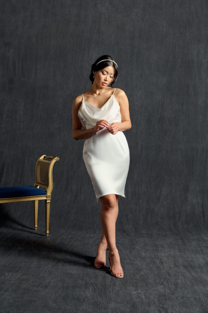 Goli June Grace + Ivory Chicago designer collab silk mini reception dress