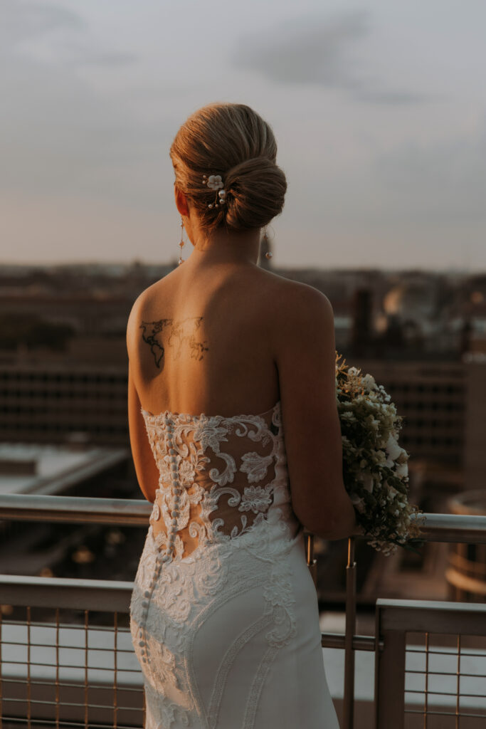 Melody dress Grace + Ivory strapless low back open lace crepe wedding dress