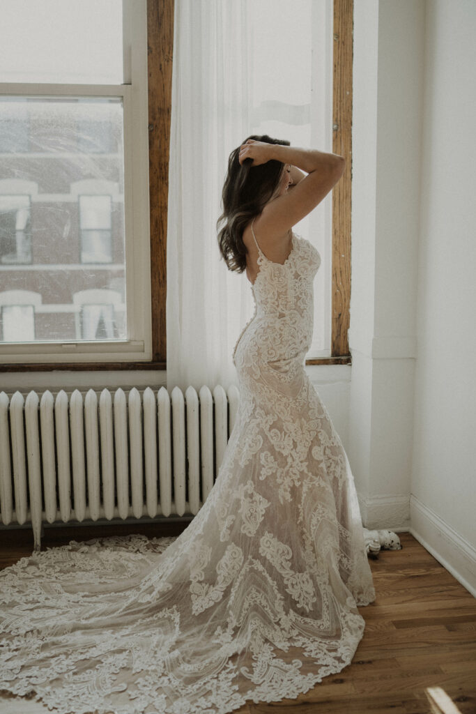 lace fitted wedding dress Chicago beaded strap