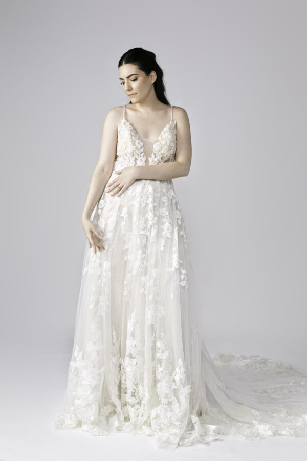 Lace wedding dress, beaded, plunge V neckline. Color wedding dress with straps