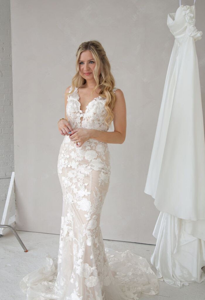 lace fitted wedding gown nude and ivory deep V