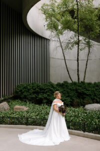 silk satin clean wedding gown ballgown city background neck scarf