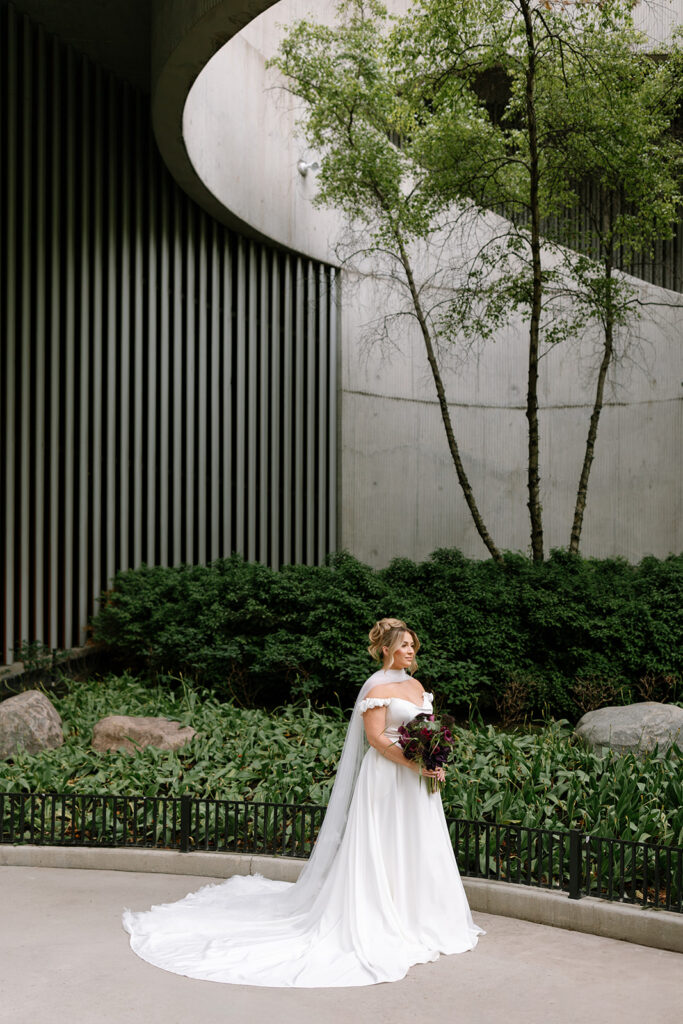 silk satin clean wedding gown ballgown city background neck scarf