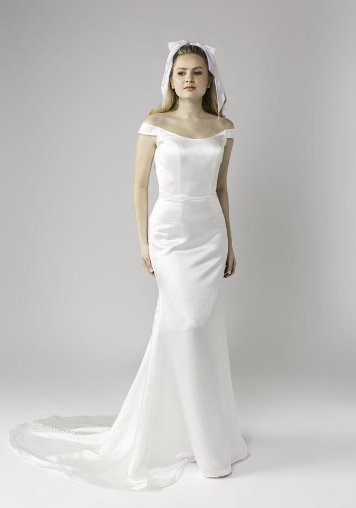 Wedding dress under $2,000 silk satin off the shoulder simple