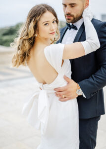 Aventine jewelry for the bride pearl gold huggie earrings