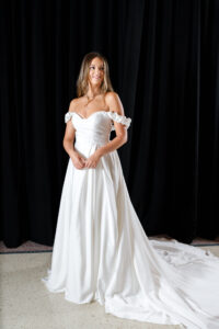 satin ballgown wedding dress with slit off the shoulder straps