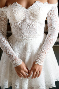 designer bridal mini dress rehearsal dinner lace sleeve dress little white dress