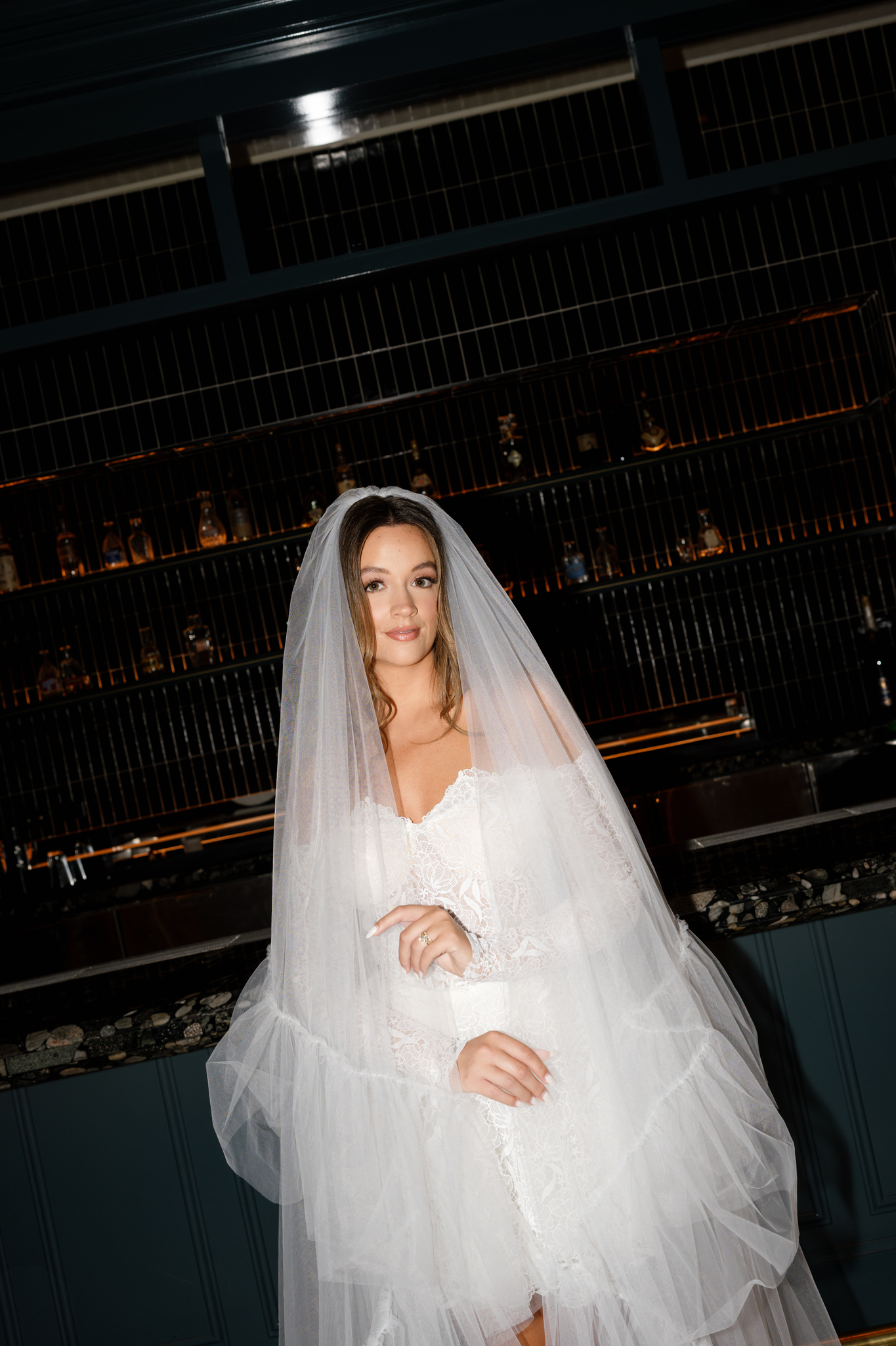 Caira Long Sleeve Wedding Dress, Cocktail Length