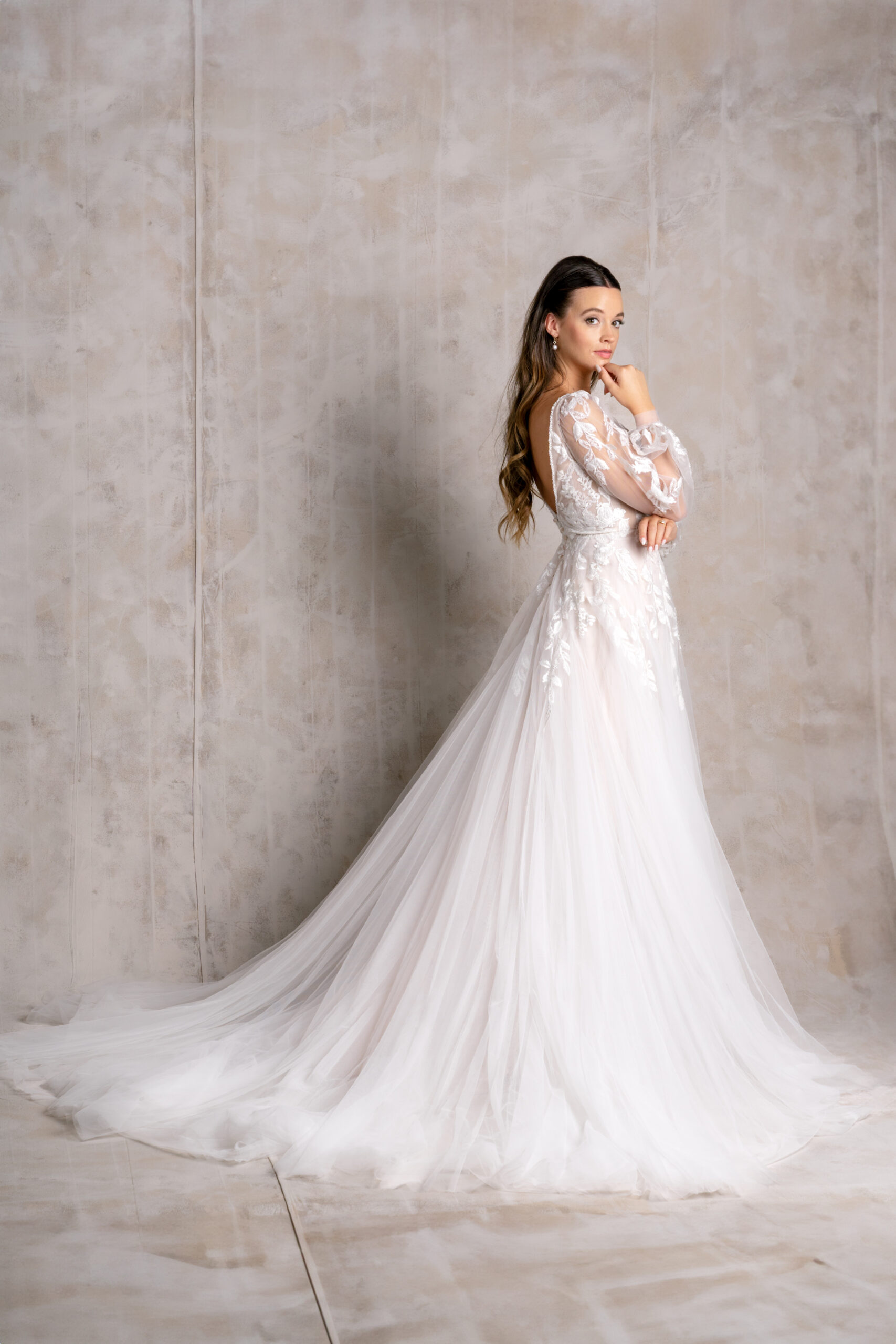 Grace and Ivory Freya Lace Billow Sleeve Wedding Dress_ side