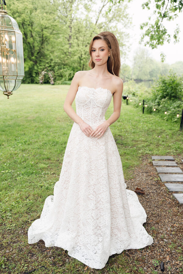 strapless lace wedding dress; vintage inspired lace, blush undertones, basque waist.