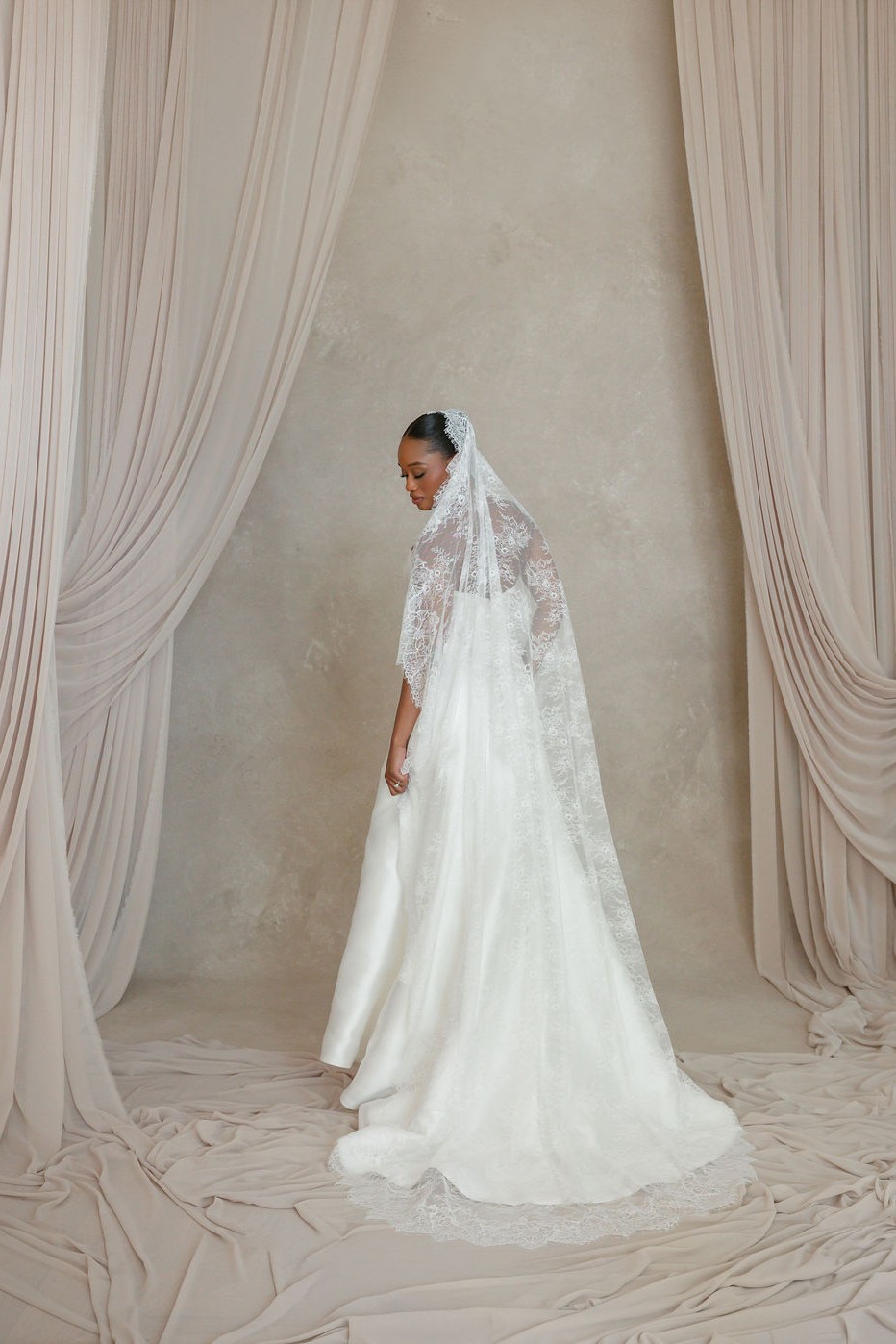 Grace + Ivory All Over Lace Mantilla Veil Chapel Back